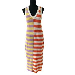 Pastel Womens Stripped Knit Crotchet Colorful Midi Dress Size Large